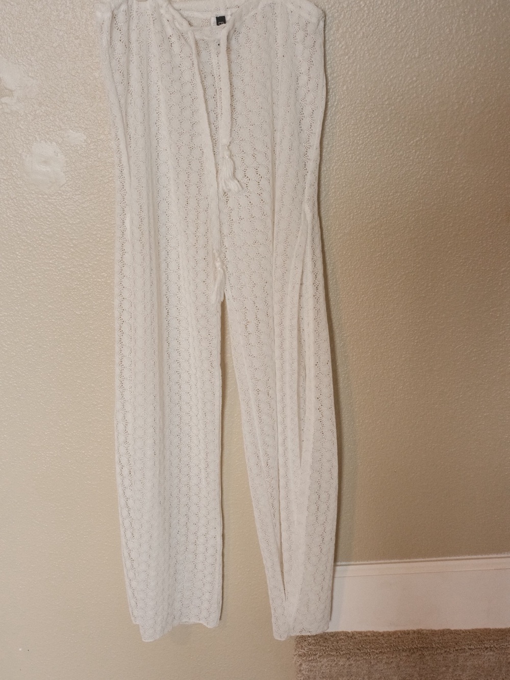 Open-Knit Tie-Front White Crochet Pants